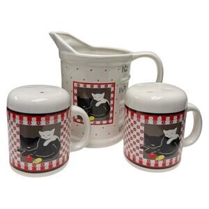 Vtg 1980 Linda Morgan Artist Black Cat Kitten 1 Qt Measuring Pitcher S&P Shakers